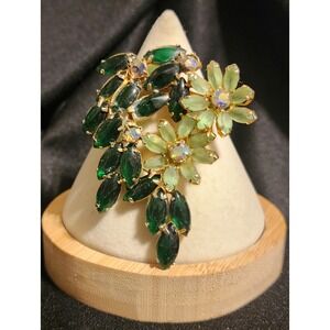 Vintage Green Rhinestone Frosted Flower Brooch Gold Tone AB Crystal Brooch Pin